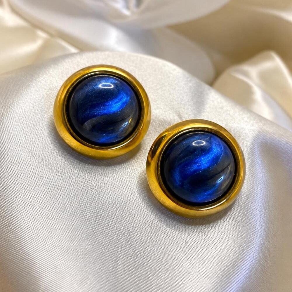 Vintage Cobalt Blue Swirl Lucite Earrings Gold Tone 80s 90s